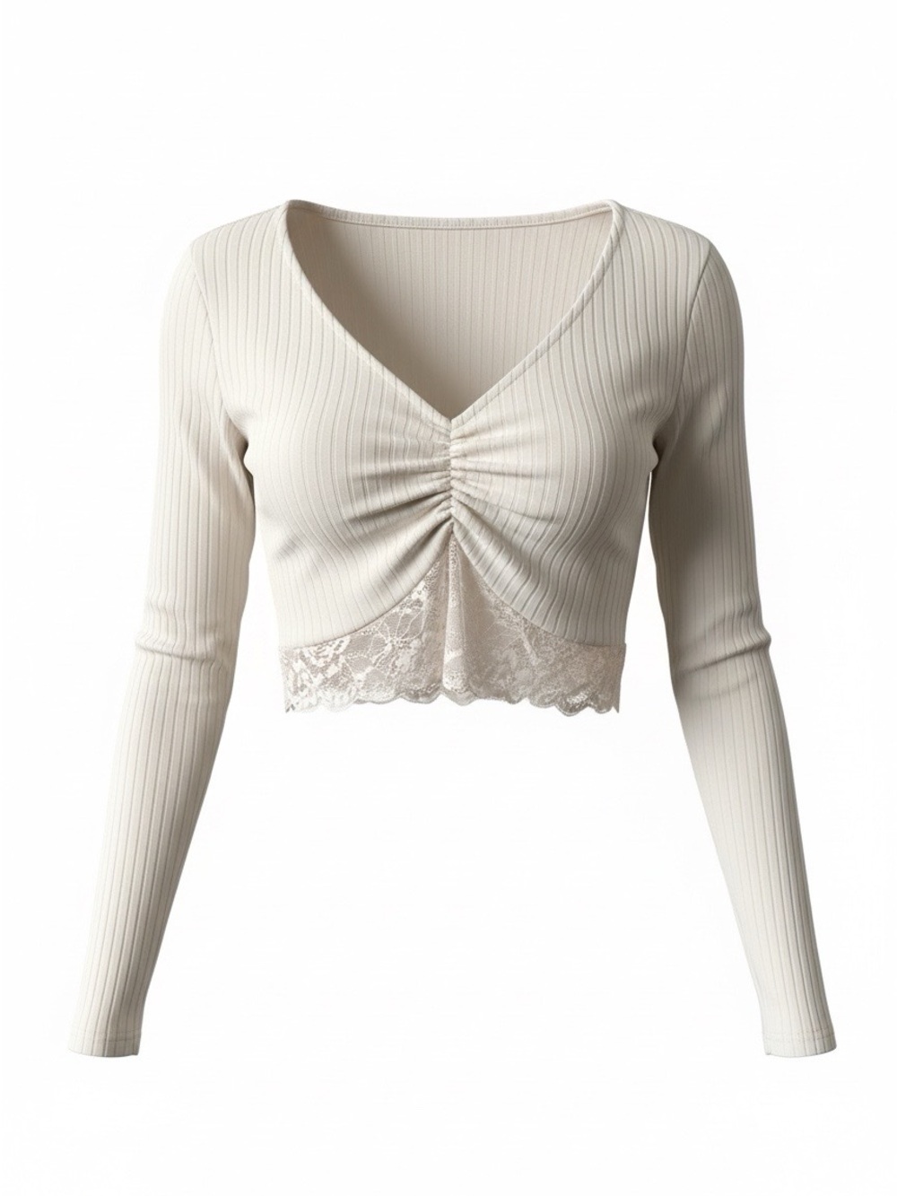 Ribbed V-Neck Lace Trim Crop Top - Cream
